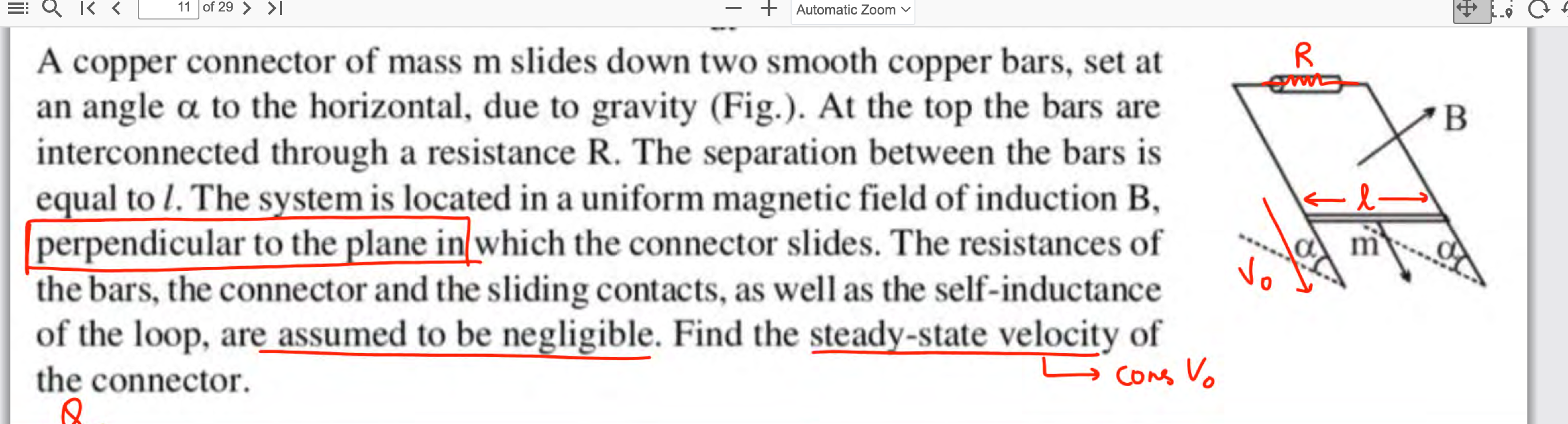 A copper connector of mass m slides down two smooth copper bars, set a